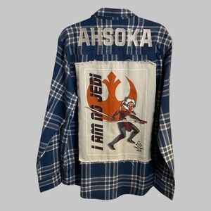 Men’s Navy Flannel Plaid STAR WARS Ahsoka Casual Button-Down Shirt NEW W/O TAGS